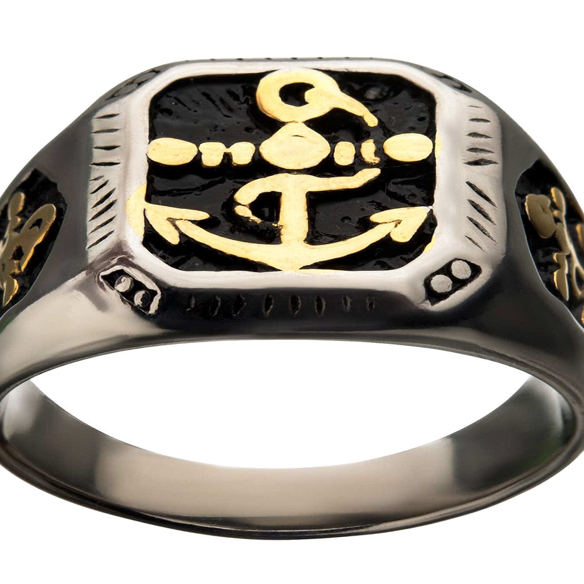 INOX JEWELRY Rings Golden Tone, Black and Antiqued Silver Tone Stainless Steel Vintage Anchor Signet Ring