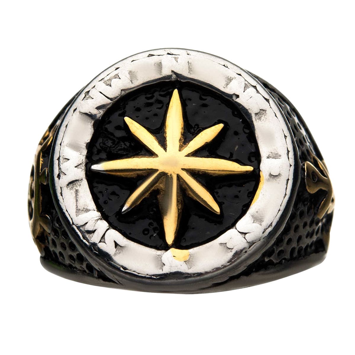 INOX JEWELRY Rings Golden Tone, Black and Antiqued Silver Tone Stainless Steel Vintage Anchor with Compass Signet Ring