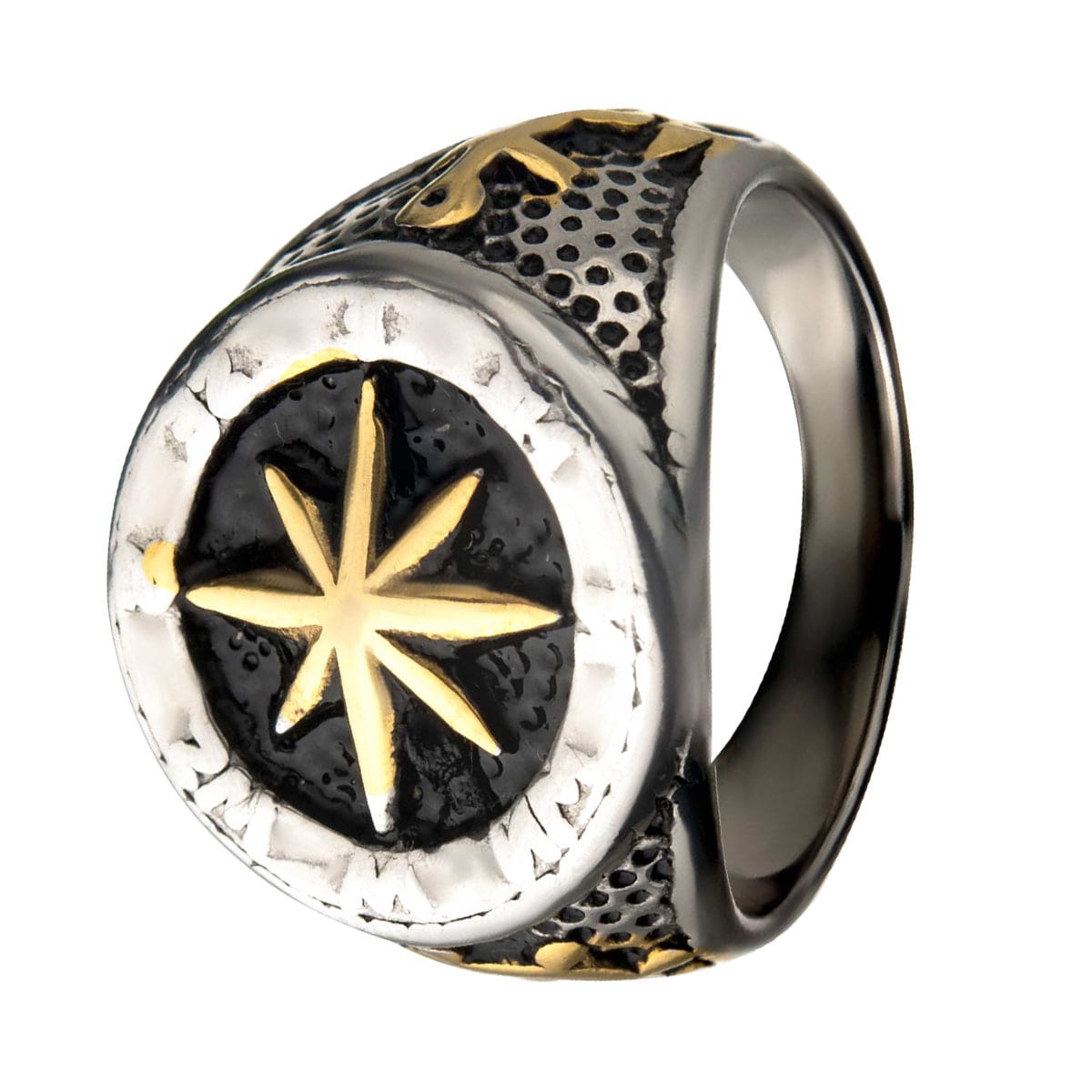 INOX JEWELRY Rings Golden Tone, Black and Antiqued Silver Tone Stainless Steel Vintage Anchor with Compass Signet Ring