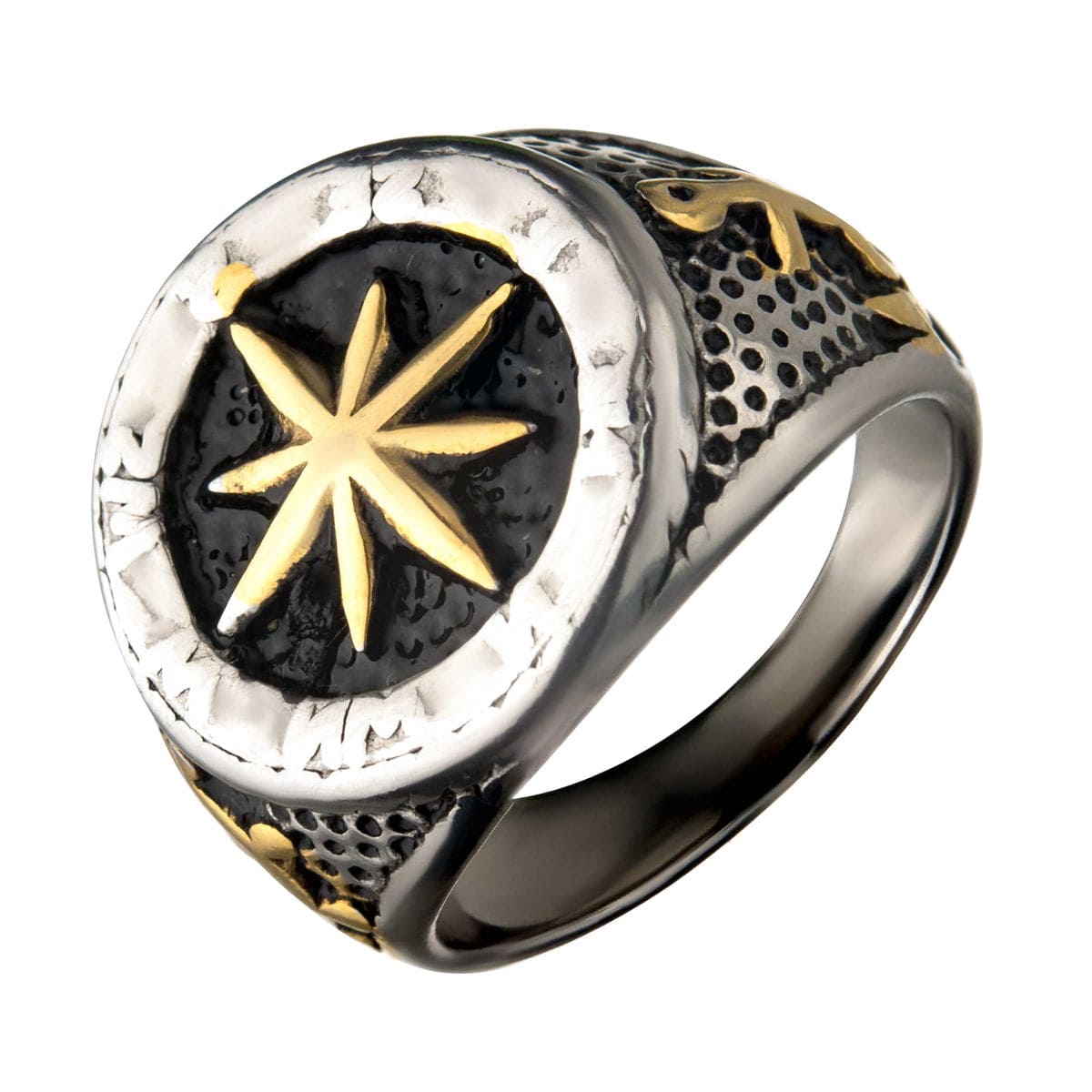 INOX JEWELRY Rings Golden Tone, Black and Antiqued Silver Tone Stainless Steel Vintage Anchor with Compass Signet Ring