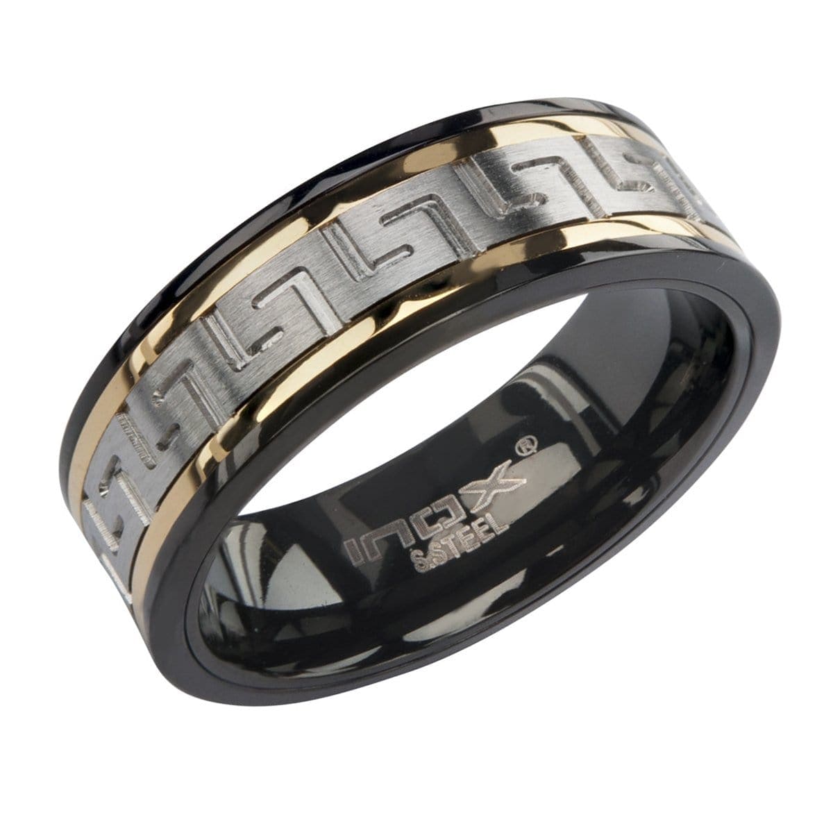 INOX JEWELRY Rings Golden Tone, Black and Silver Tone Stainless Steel Banded Greek Key Ring