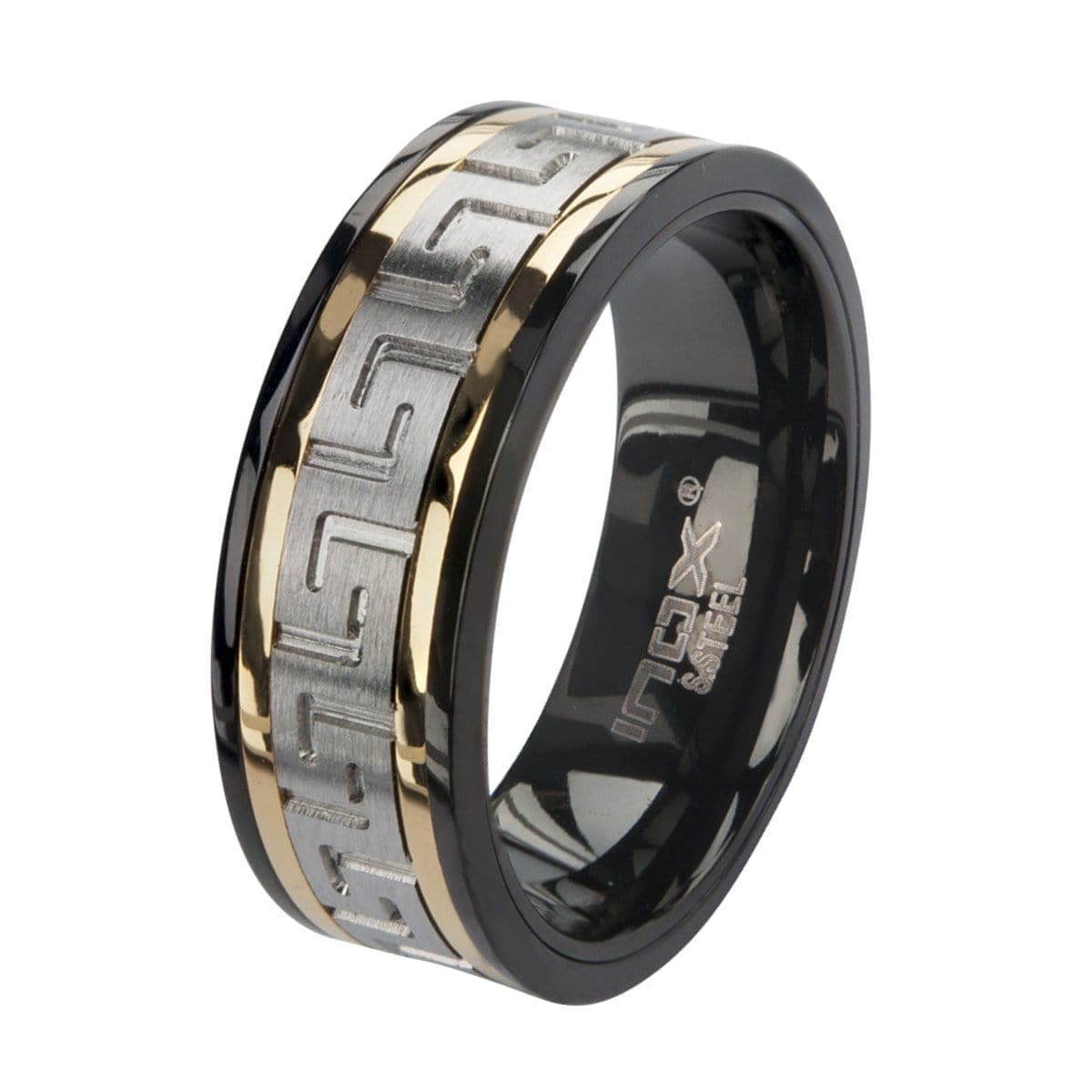 INOX JEWELRY Rings Golden Tone, Black and Silver Tone Stainless Steel Banded Greek Key Ring