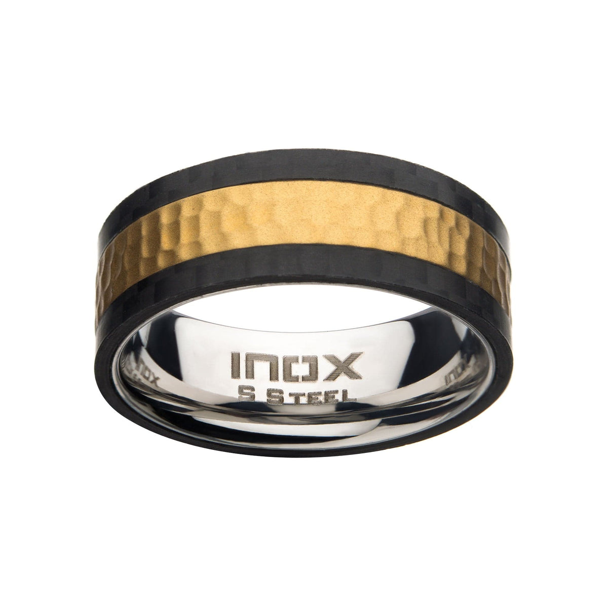 INOX JEWELRY Rings Golden Tone, Black and Silver Tone Stainless Steel Carbon Fiber Hammered Band Ring
