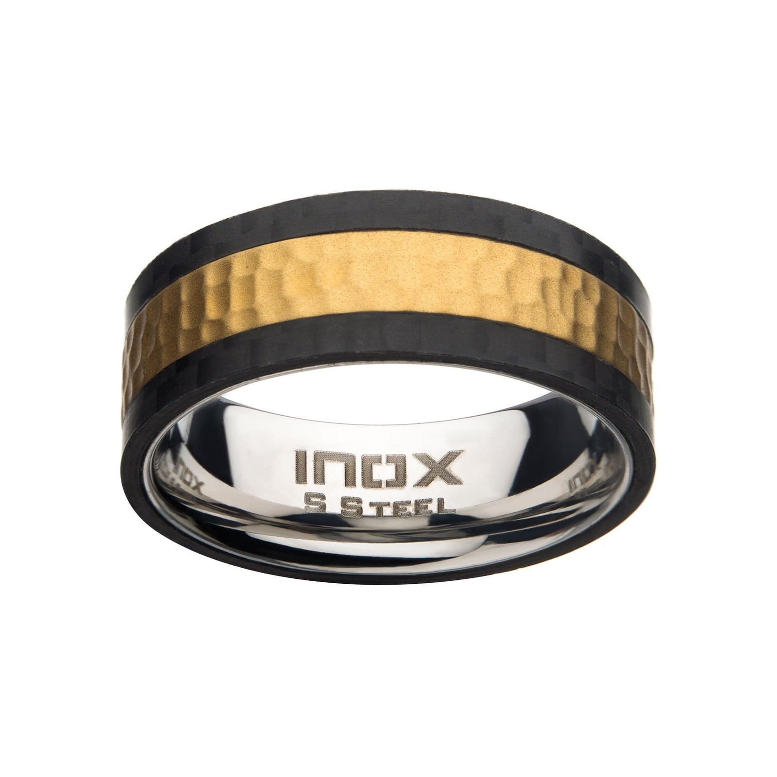 INOX JEWELRY Rings Golden Tone, Black and Silver Tone Stainless Steel Carbon Fiber Hammered Band Ring