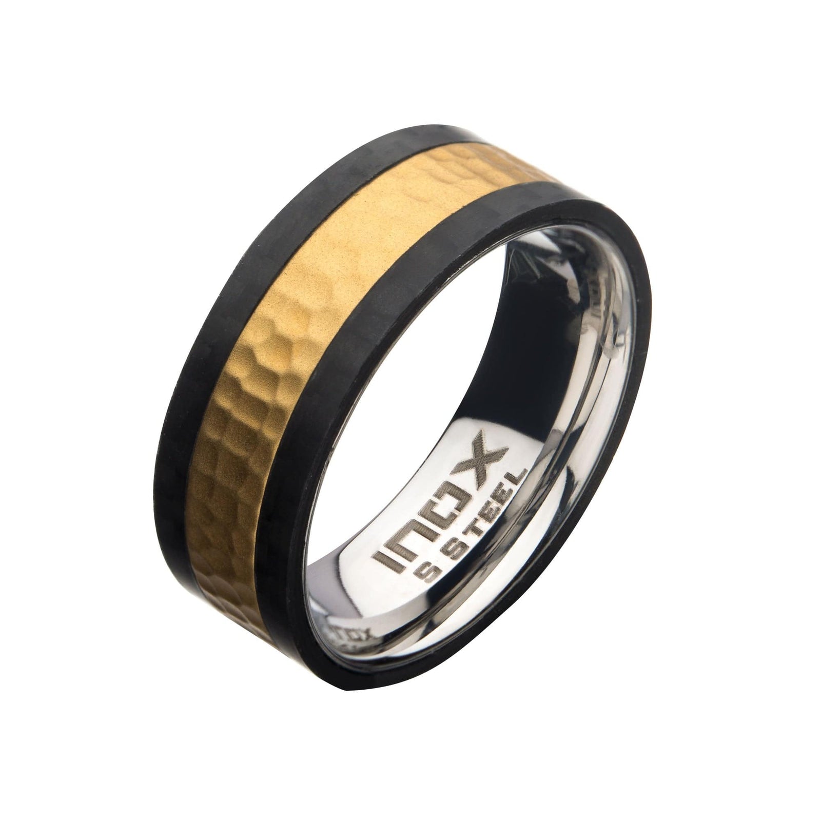 INOX JEWELRY Rings Golden Tone, Black and Silver Tone Stainless Steel Carbon Fiber Hammered Band Ring