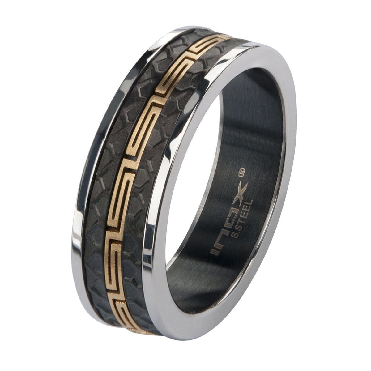 INOX JEWELRY Rings Golden Tone, Black and Silver Tone Stainless Steel Honeycomb and Greek Stripe Ring