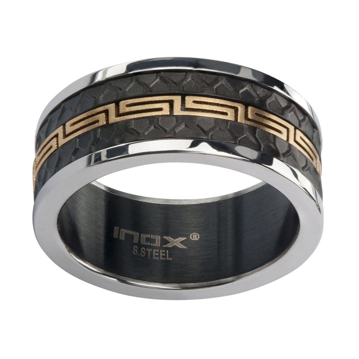 INOX JEWELRY Rings Golden Tone, Black and Silver Tone Stainless Steel Honeycomb and Greek Stripe Ring