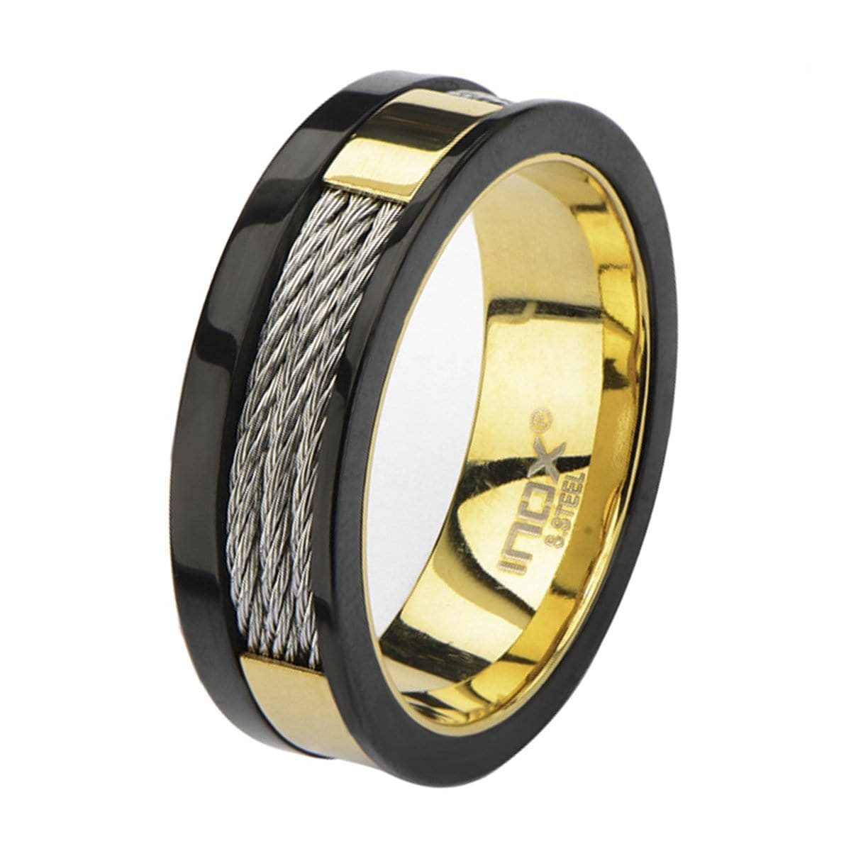 INOX JEWELRY Rings Golden Tone, Black and Silver Tone Stainless Steel Partial Exposed Cable Ring