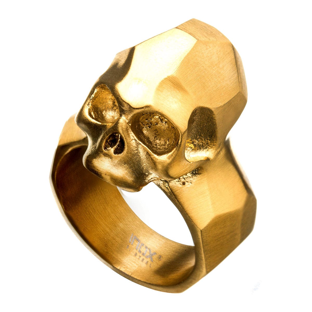 INOX JEWELRY Rings Golden Tone Stainless Steel Brushed Finish Rugged Skull Ring