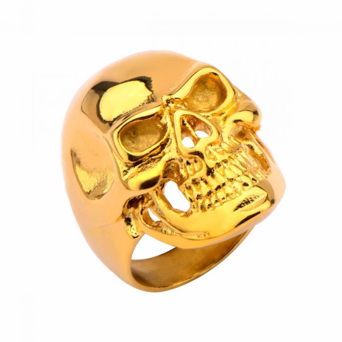 INOX JEWELRY Rings Golden Tone Stainless Steel Grinning Skull Ring