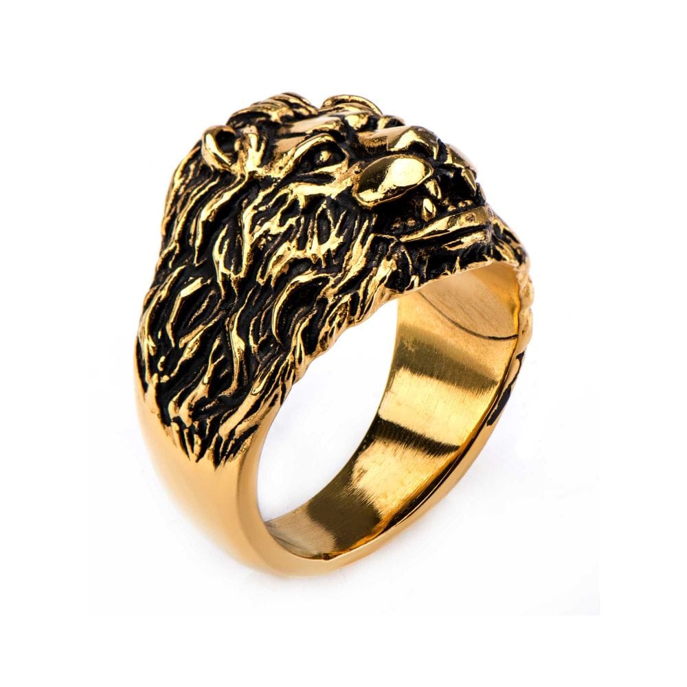 INOX JEWELRY Rings Golden Tone Stainless Steel Lion&#39;s Crest Ring