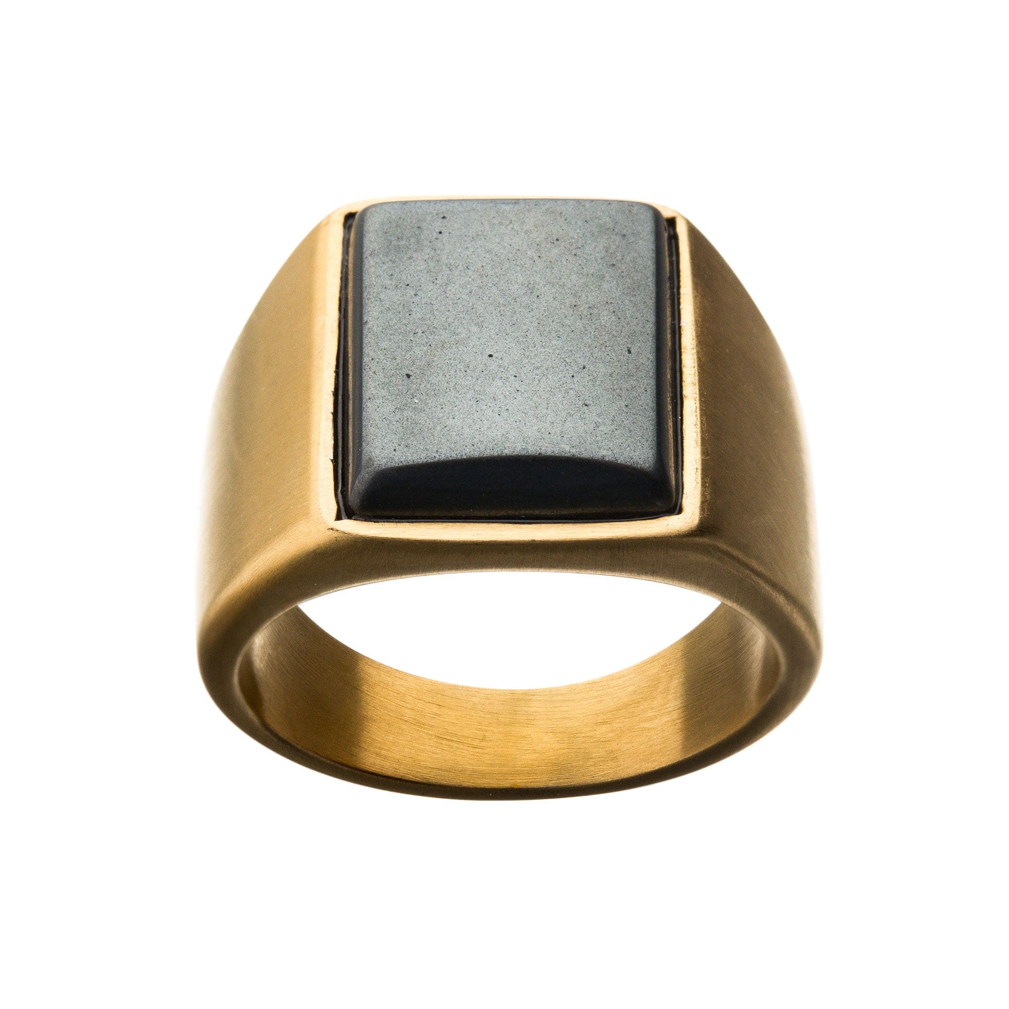 INOX JEWELRY Rings Golden Tone Stainless Steel Stonehenge Collection Matte and Polish Finish Black Hematite Signet Ring