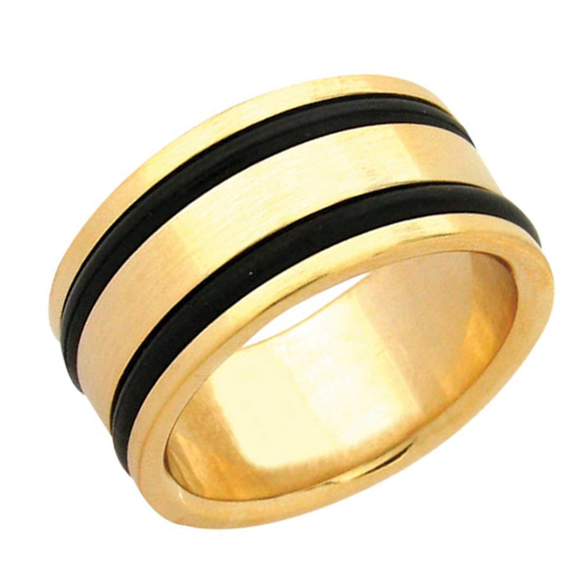 INOX JEWELRY Rings Golden Tone Stainless Steel with Black Rubber Detail Ring