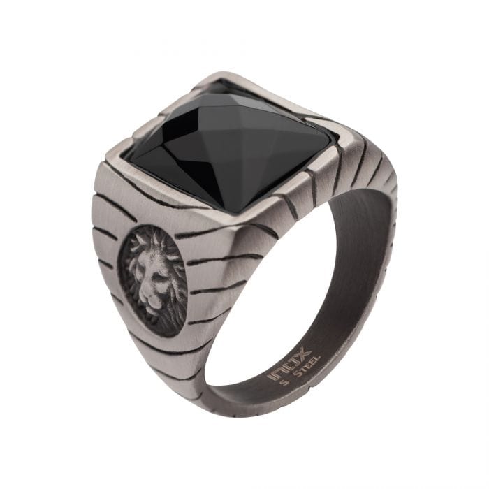 INOX JEWELRY Rings Gunmetal Silver Tone Matte Finish African Lion Sigil with Faceted Black Agate Stone Signet Ring
