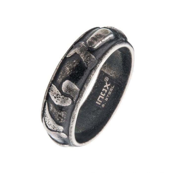 INOX JEWELRY Rings Gunmetal Silver Tone Stainless Steel 7.5mm 3D Canyon Pattern Ring