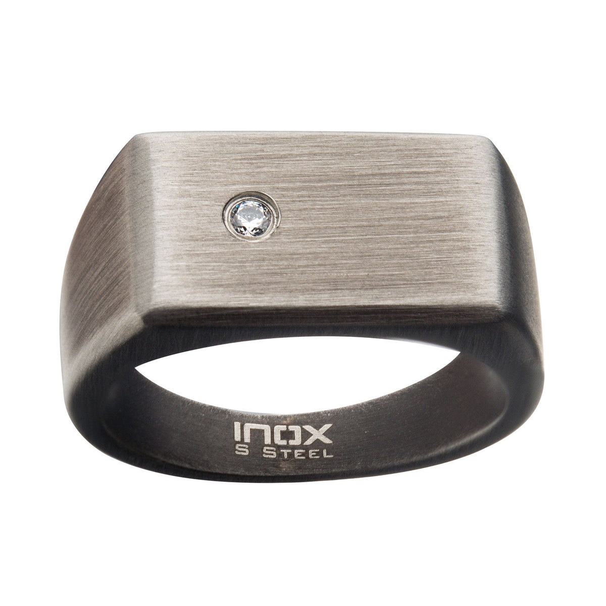 INOX JEWELRY Rings Gunmetal Stainless Steel Matte Finish CZ Engraveable Signet Ring
