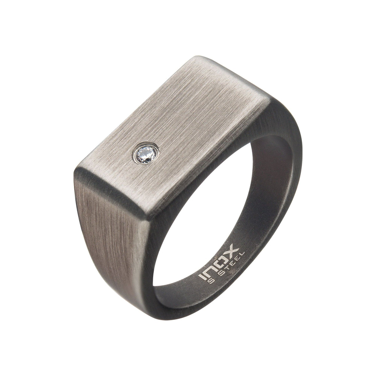 INOX JEWELRY Rings Gunmetal Stainless Steel Matte Finish CZ Engraveable Signet Ring