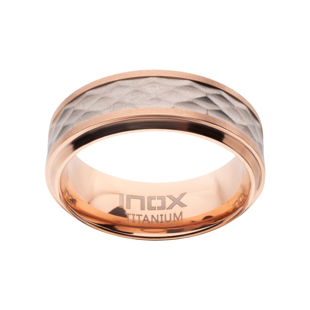 INOX JEWELRY Rings Rose Gold IP Titanium Matte Finish Mosaic Inlay Comfort Fit Ring