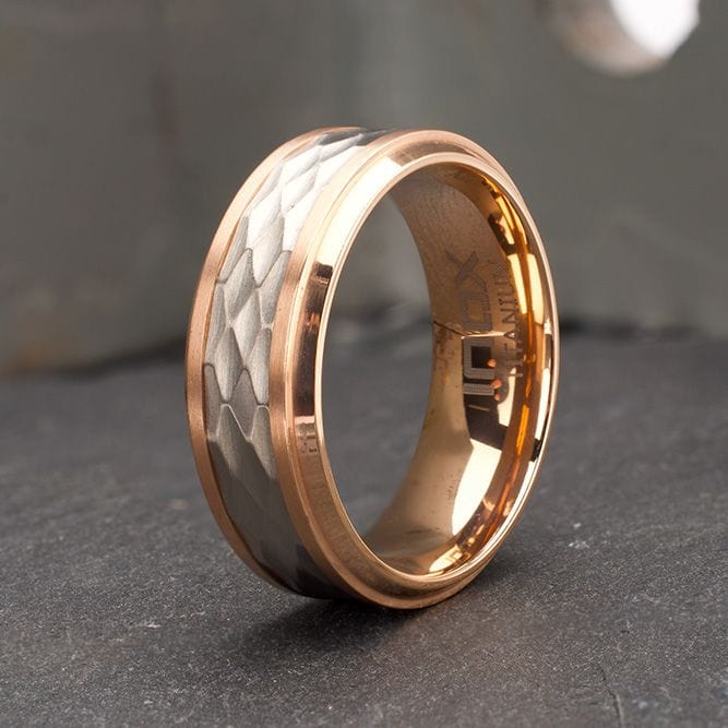 INOX JEWELRY Rings Rose Gold IP Titanium Matte Finish Mosaic Inlay Comfort Fit Ring