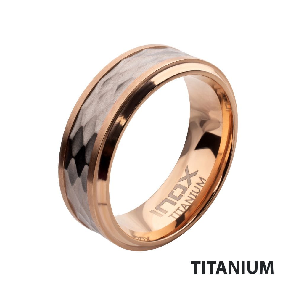 INOX JEWELRY Rings Rose Gold IP Titanium Matte Finish Mosaic Inlay Comfort Fit Ring