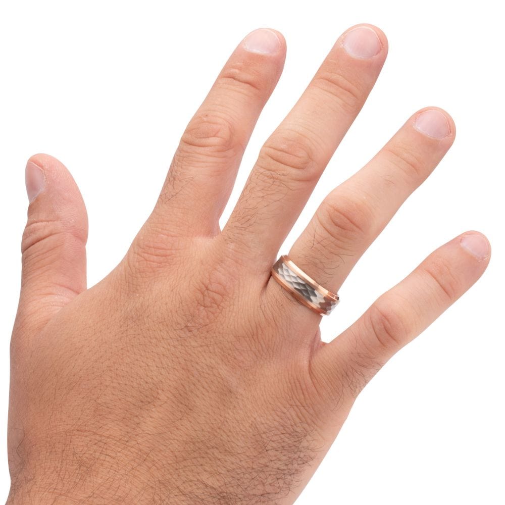 INOX JEWELRY Rings Rose Gold IP Titanium Matte Finish Mosaic Inlay Comfort Fit Ring
