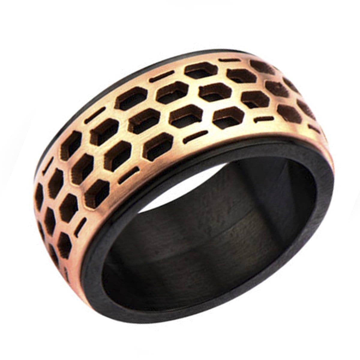 INOX JEWELRY Rings Rose Tone and Black Stainless Steel Car Grille Polished Band Ring