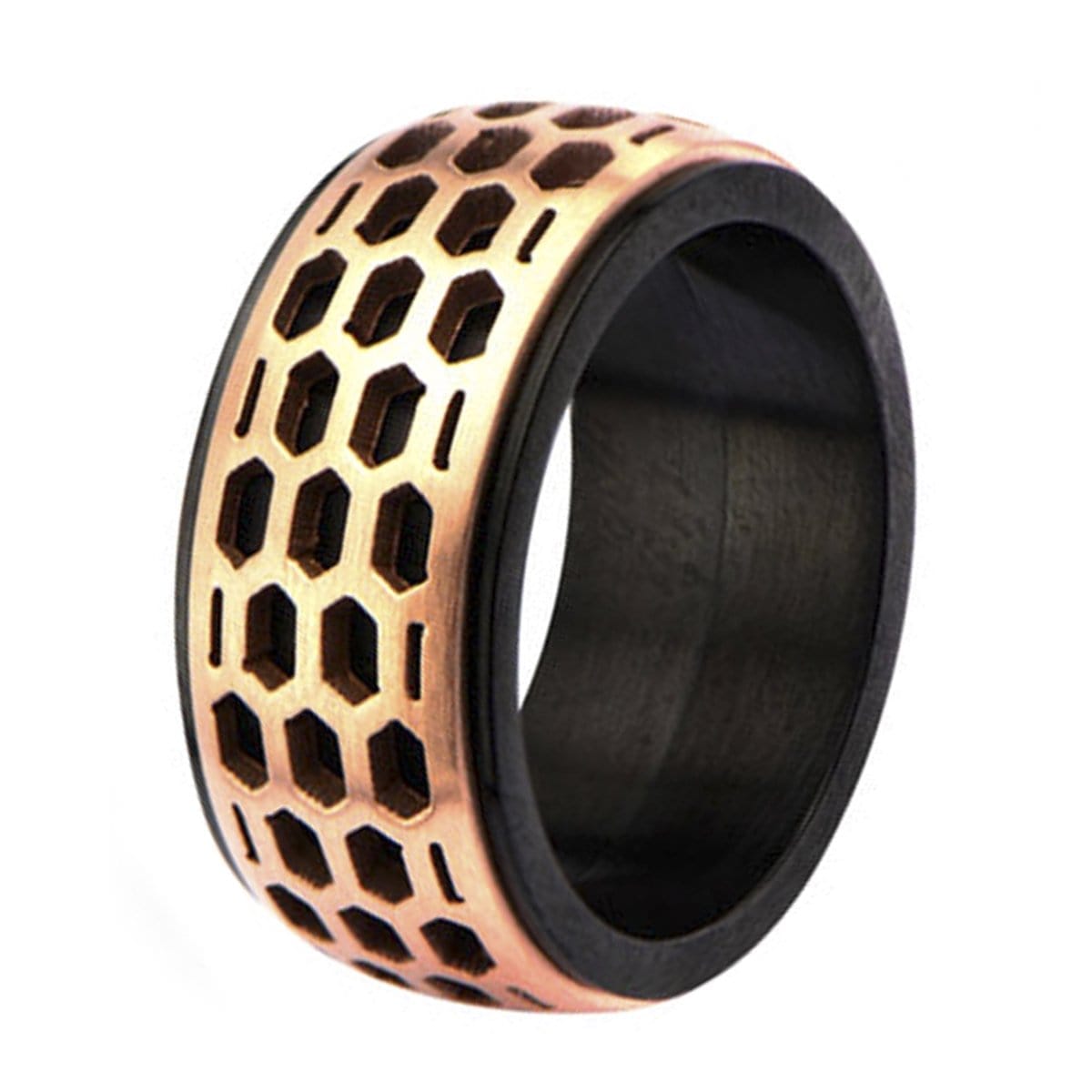 INOX JEWELRY Rings Rose Tone and Black Stainless Steel Car Grille Polished Band Ring