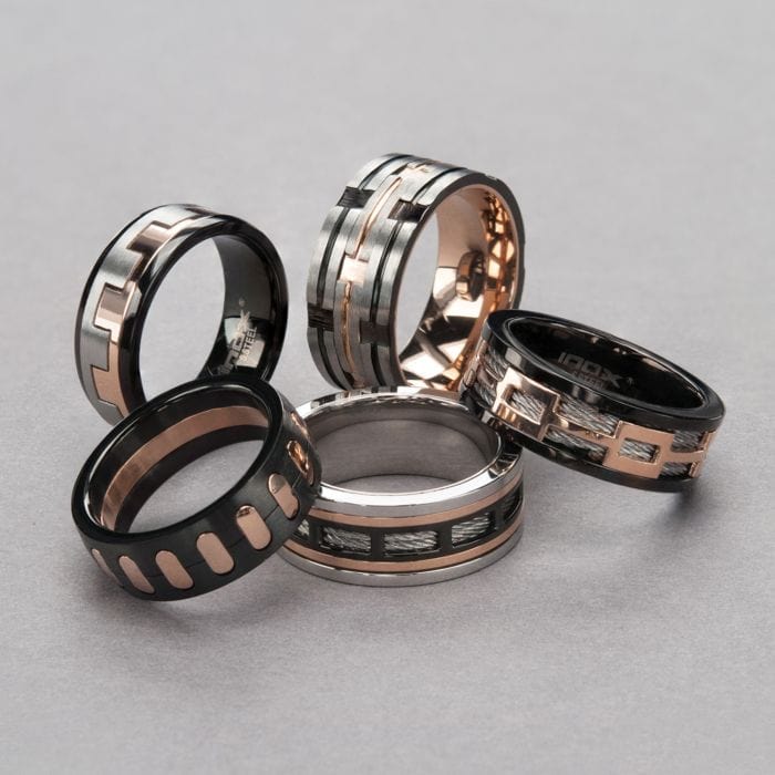 INOX JEWELRY Rings Rose Tone, Black and Silver Tone Stainless Steel Buckle Cable Spinner Ring