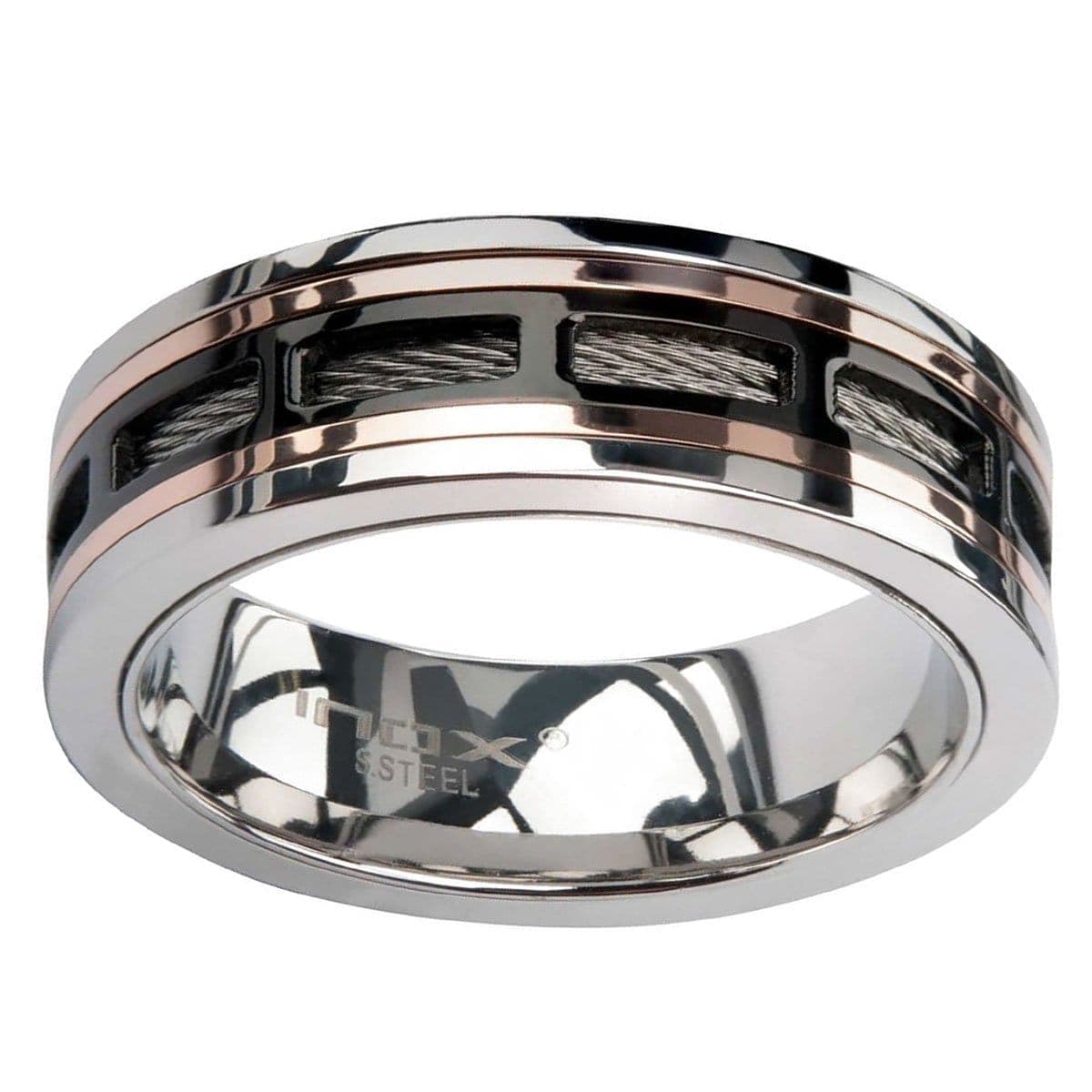 INOX JEWELRY Rings Rose Tone, Black and Silver Tone Stainless Steel Framed Cable Spinner Ring