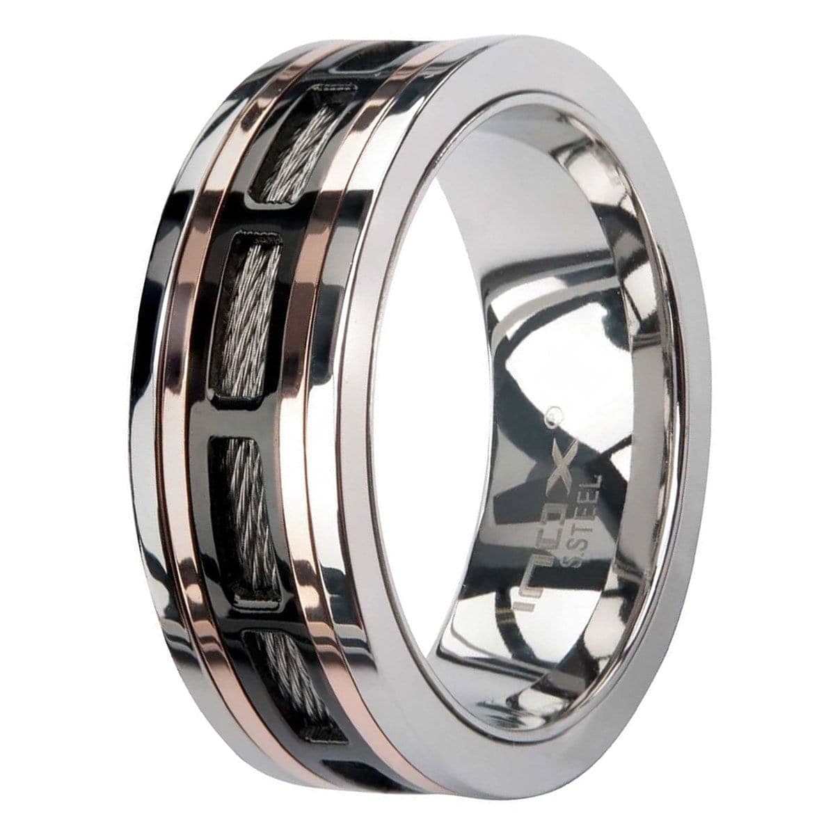 INOX JEWELRY Rings Rose Tone, Black and Silver Tone Stainless Steel Framed Cable Spinner Ring