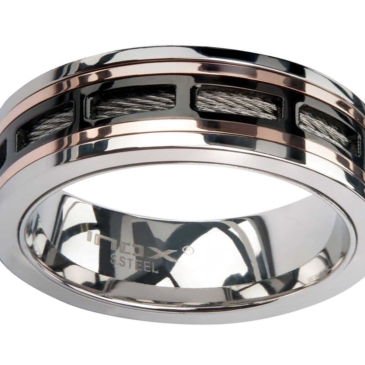 INOX JEWELRY Rings Rose Tone, Black and Silver Tone Stainless Steel Framed Cable Spinner Ring