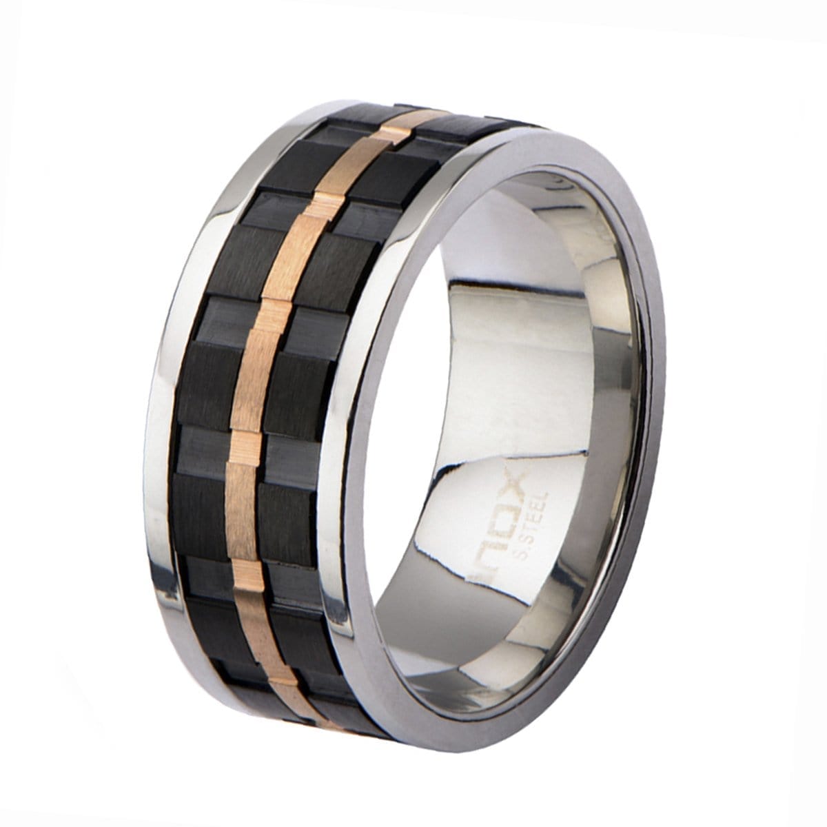 INOX JEWELRY Rings Rose Tone, Black, and Silver Tone Stainless Steel Ridged Stripe Spinner Ring