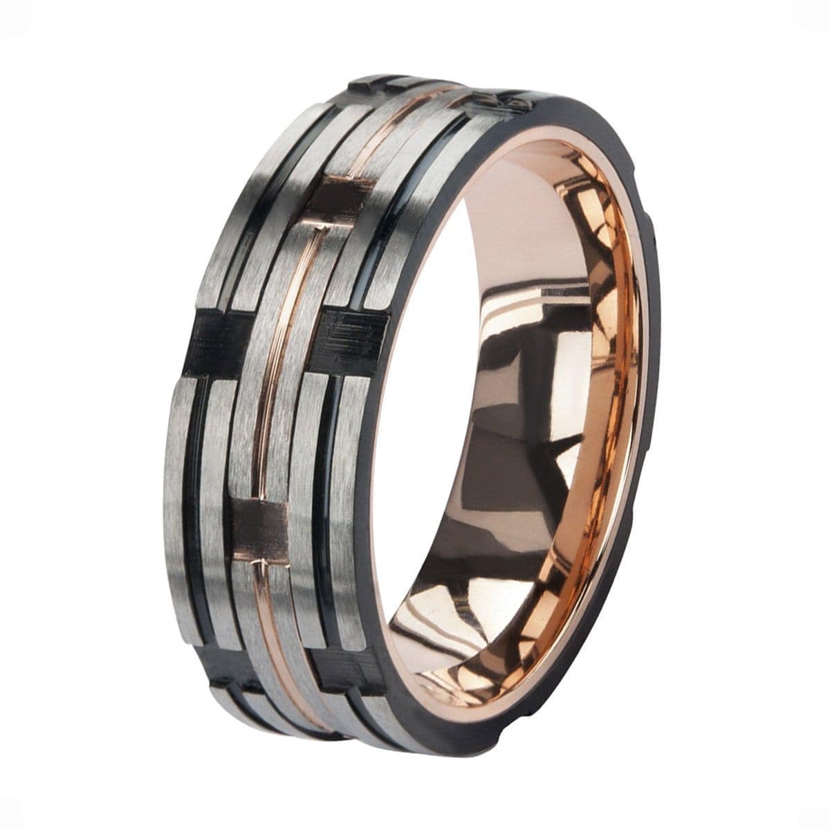 INOX JEWELRY Rings Rose Tone, Black and Silver Tone Stainless Steel Sleek Block Band