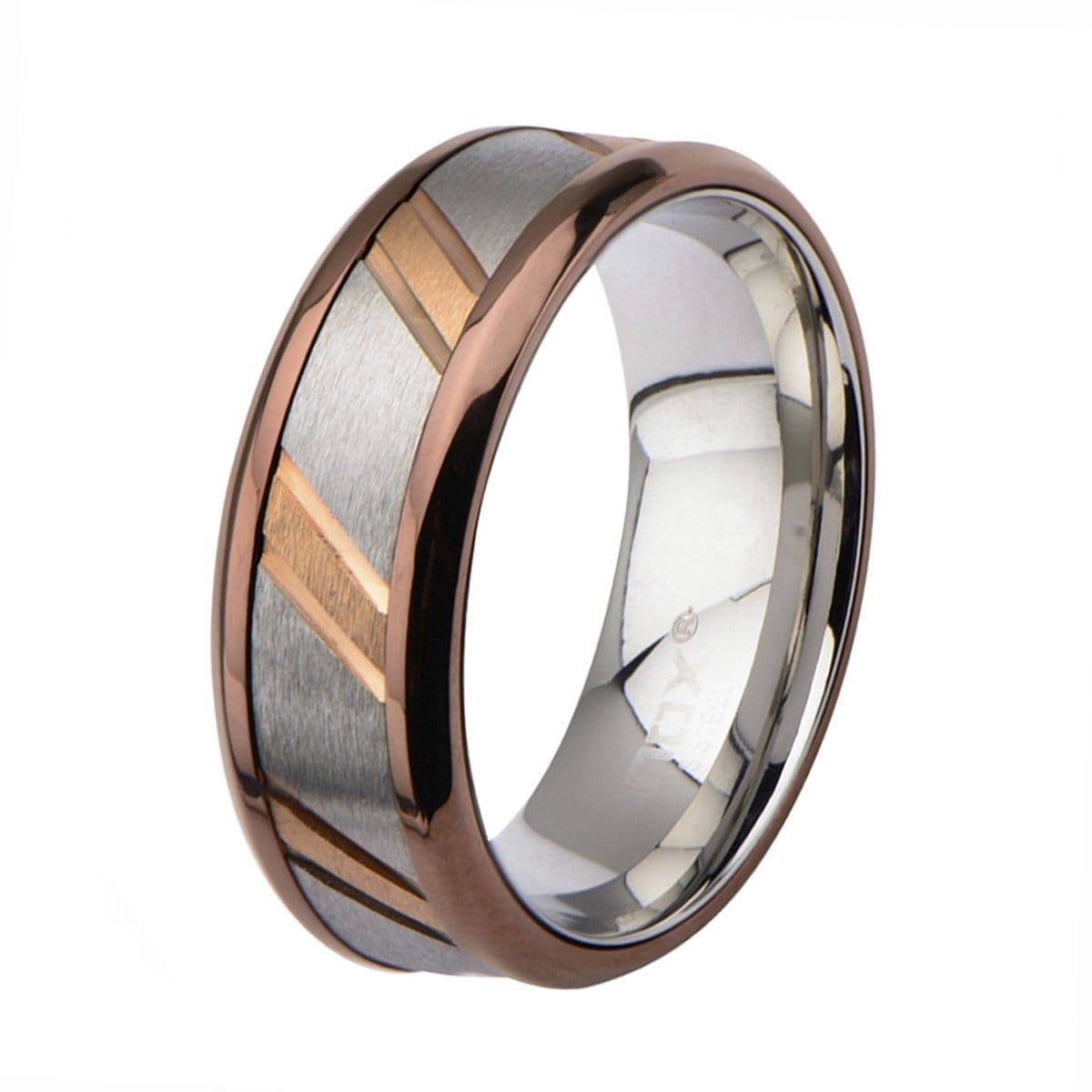 INOX JEWELRY Rings Rose Tone, Brown and Silver Tone Stainless Steel Diagonal Slash Ring