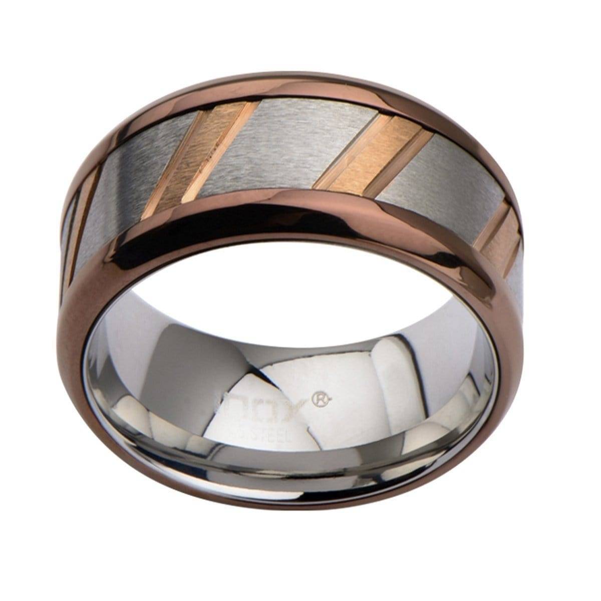 INOX JEWELRY Rings Rose Tone, Brown and Silver Tone Stainless Steel Diagonal Slash Ring