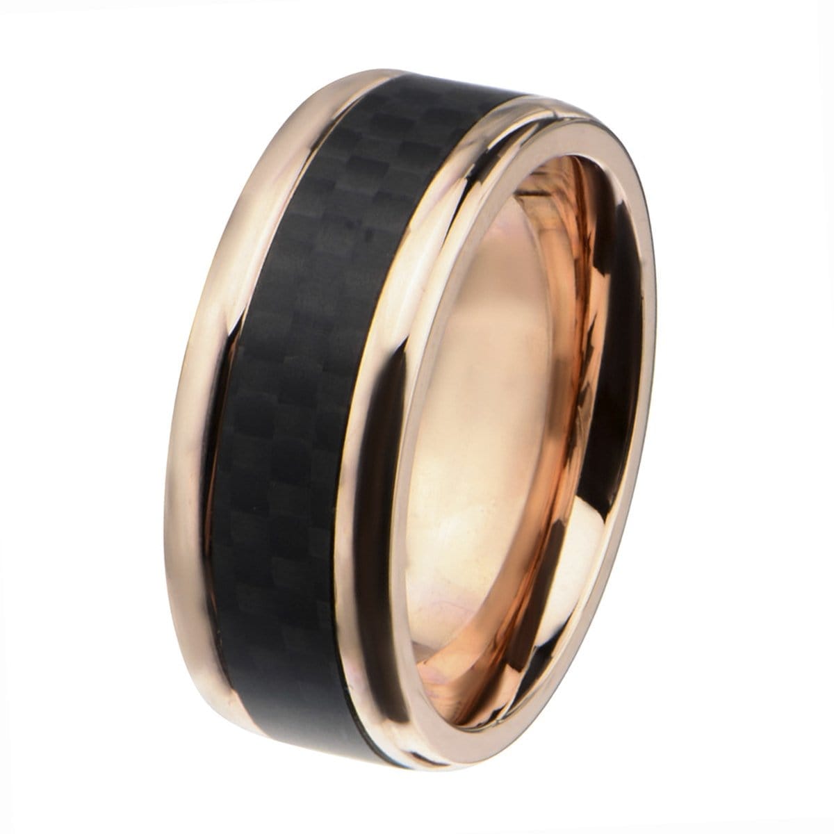 INOX JEWELRY Rings Rose Tone Stainless Steel Black Solid Carbon Fiber Band Ring