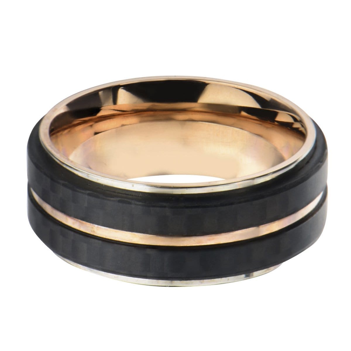 INOX JEWELRY Rings Rose Tone Stainless Steel Double Black Carbon Fiber Stripe Band Ring