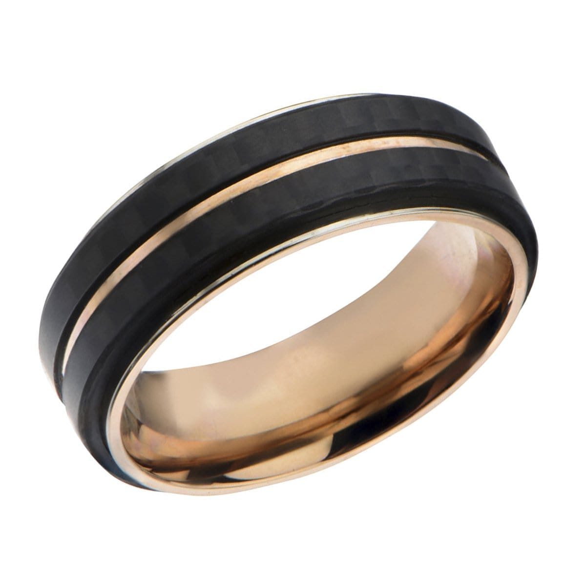 INOX JEWELRY Rings Rose Tone Stainless Steel Double Black Carbon Fiber Stripe Band Ring