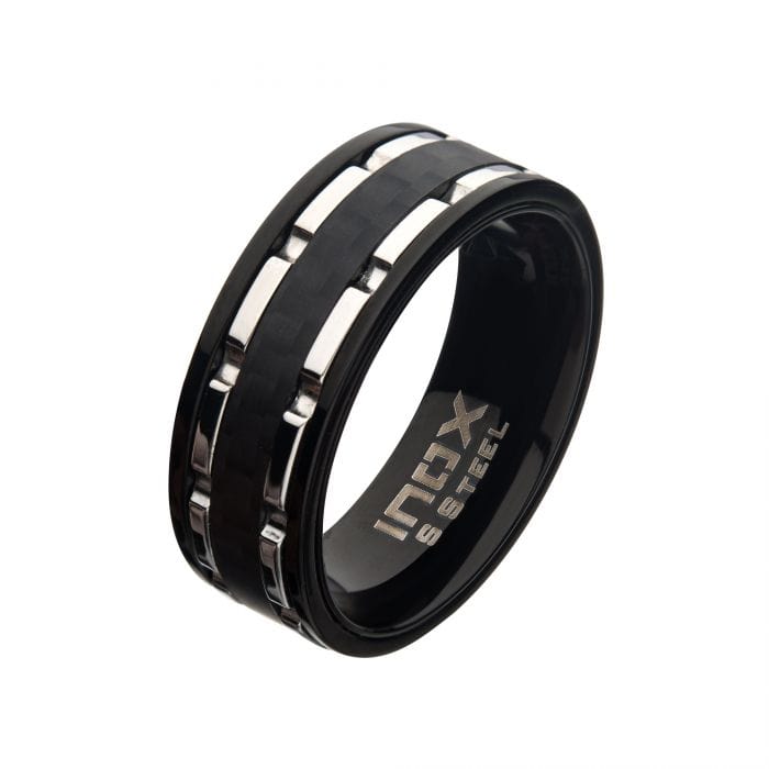 INOX JEWELRY Rings Silver Tone and Black Stainless Steel with Black Carbon Fiber Inlaid Ridge Hammered Band Ring