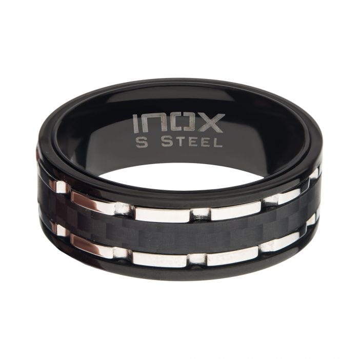 INOX JEWELRY Rings Silver Tone and Black Stainless Steel with Black Carbon Fiber Inlaid Ridge Hammered Band Ring