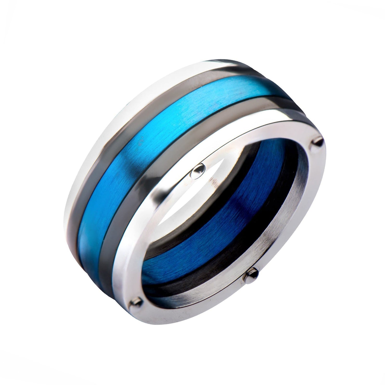 INOX JEWELRY Rings Silver Tone, Blue and Black Stainless Steel Triple Lined Contemporary Band Ring