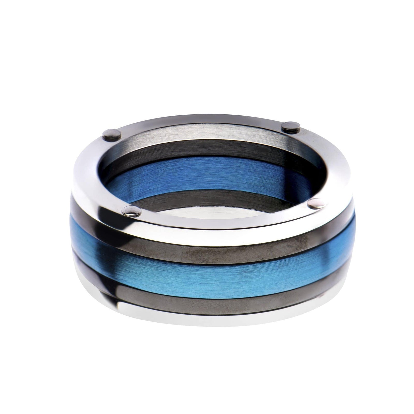 INOX JEWELRY Rings Silver Tone, Blue and Black Stainless Steel Triple Lined Contemporary Band Ring