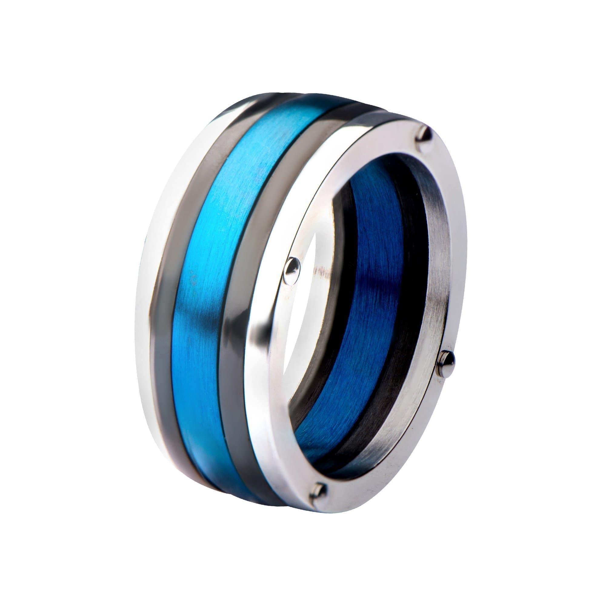INOX JEWELRY Rings Silver Tone, Blue and Black Stainless Steel Triple Lined Contemporary Band Ring