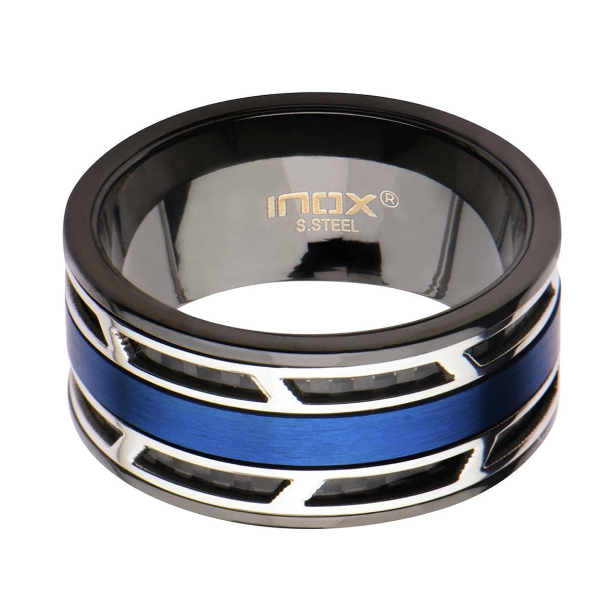 INOX JEWELRY Rings Silver Tone, Blue and Black Stainless Steel with Inlaid Carbon Fiber Ring