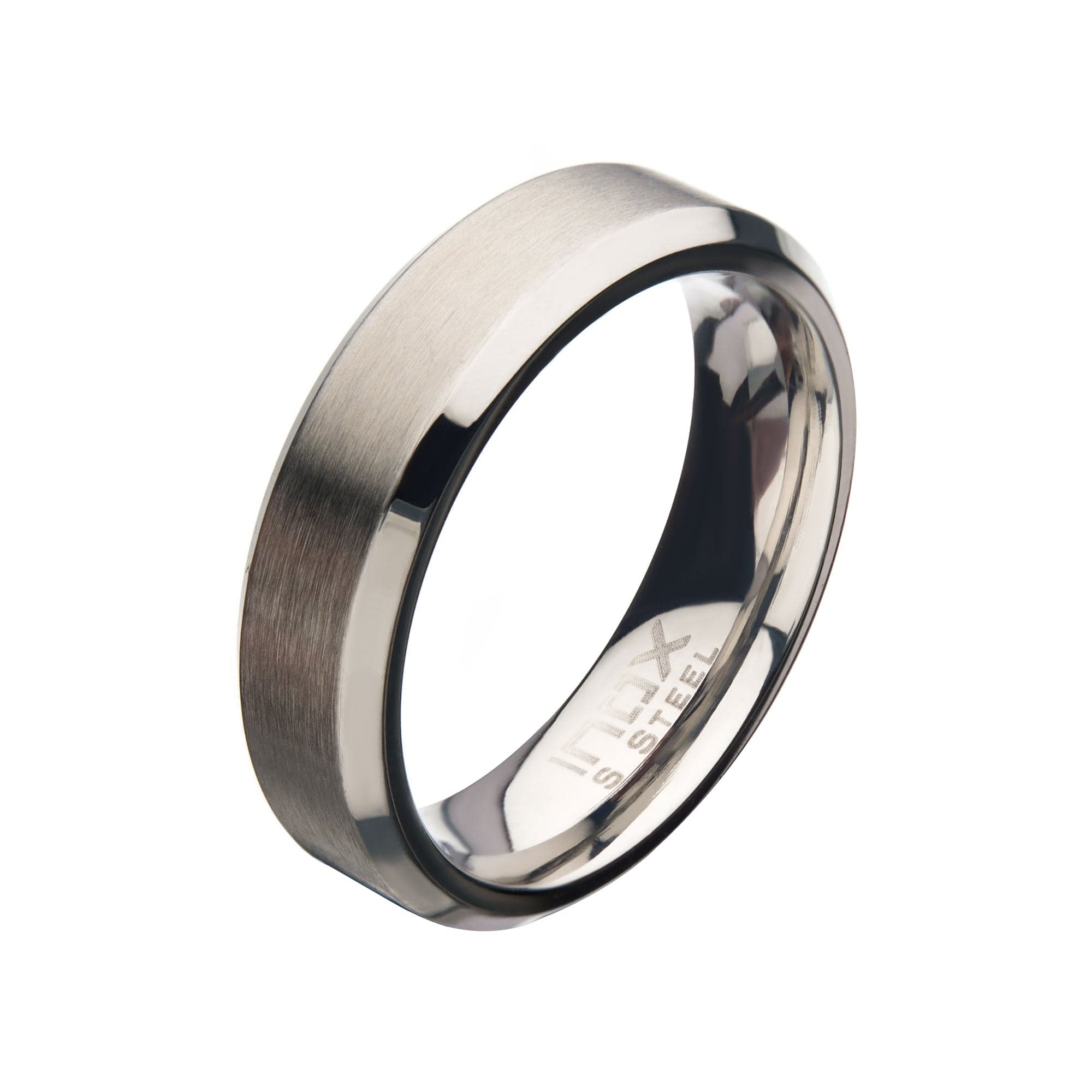 INOX JEWELRY Rings Silver Tone Stainless Steel 6mm Matte Finish Beveled Wedding Band Ring