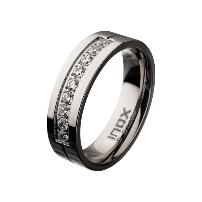 Buy Silver Tone Stainless Steel 6mm with Channel Set CZ Band Ring