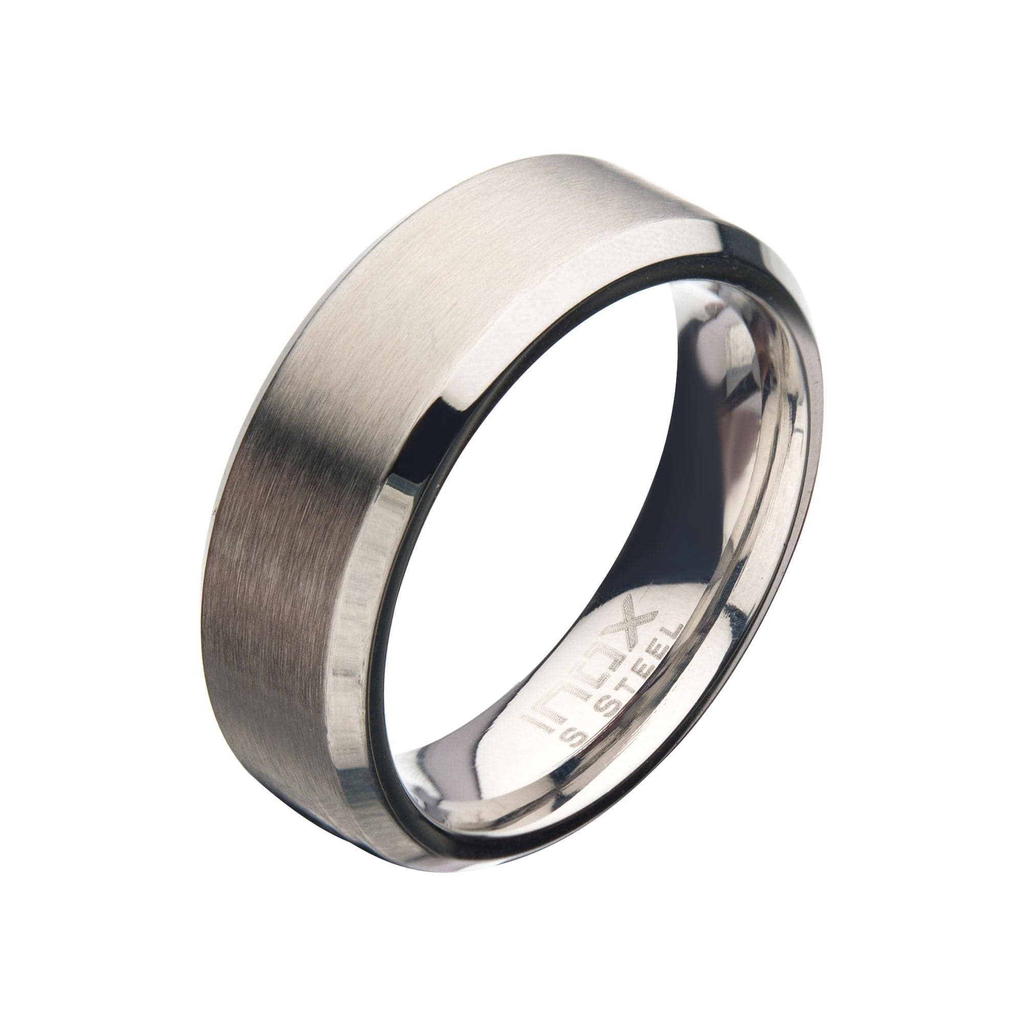 INOX JEWELRY Rings Silver Tone Stainless Steel 8mm Matte Finish Beveled Wedding Band Ring