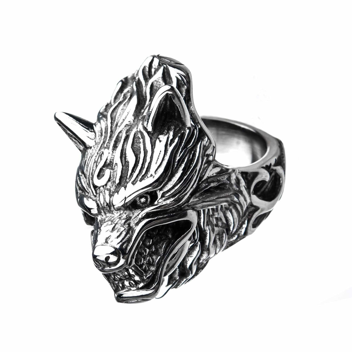 INOX JEWELRY Rings Silver Tone Stainless Steel Angry Wolf Ring