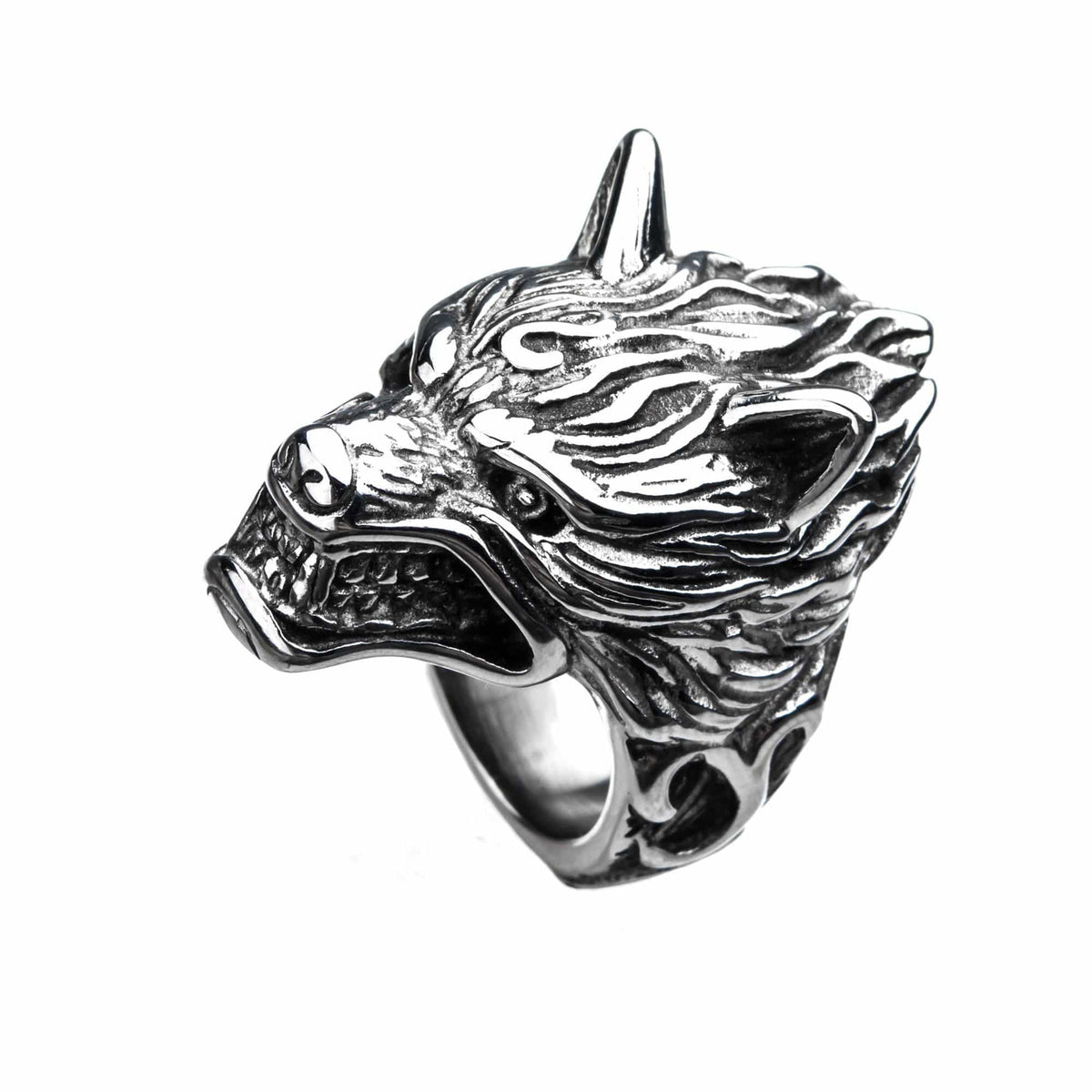 INOX JEWELRY Rings Silver Tone Stainless Steel Angry Wolf Ring