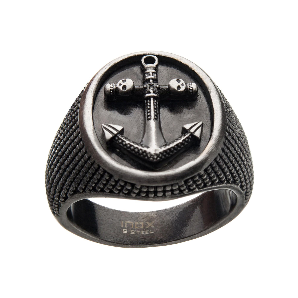 INOX JEWELRY Rings Silver Tone Stainless Steel Antique Finish Anchor Design Skull Signet Ring